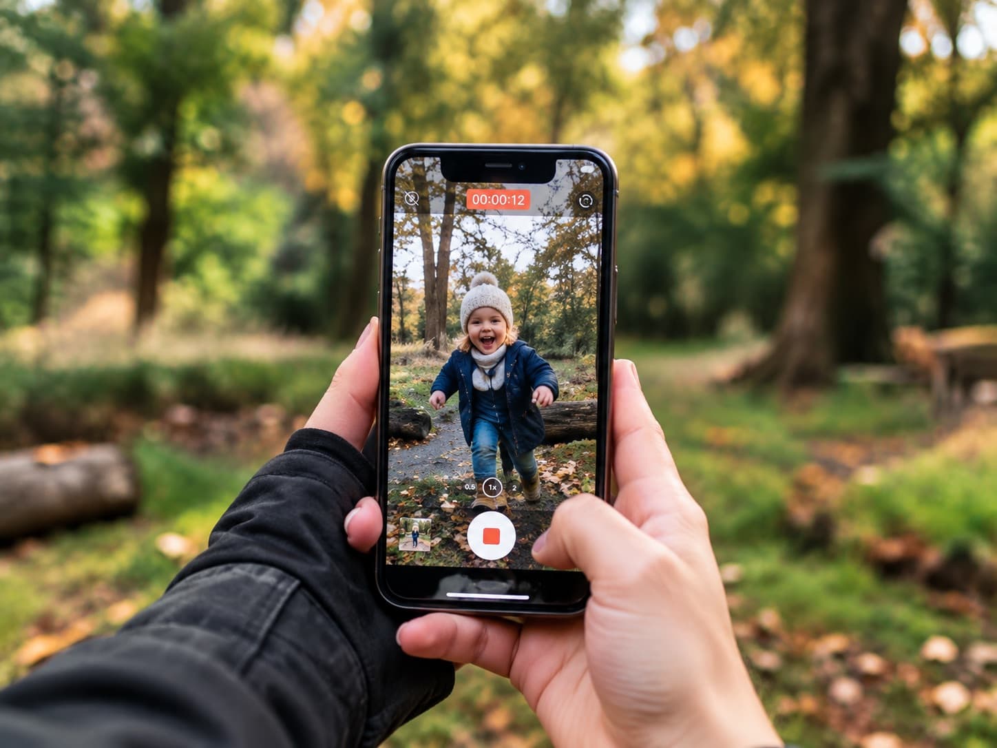 A parent filming their toddler on a phone during an autumn woodland walk